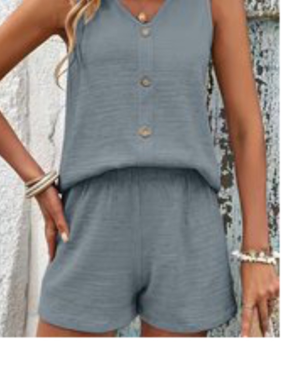 Sleeveless Button-Front Summer short set in Slate blue-gray